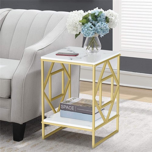 2-Tier Square Slate Coffee Table Storage Side End Table w Black/Gold Metal Frame - Picture 16 of 22