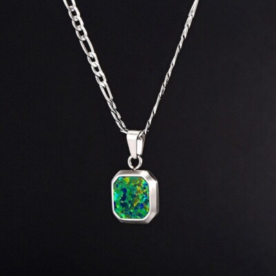 Fire Opal Men's Square Pendant Stackable Minimalist Sterling Silver Jewelry Gift