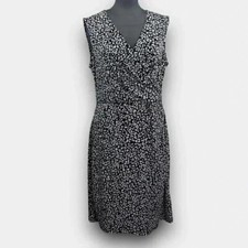 Joe Fresh Black White Speckle Faux Wrap Surplice Dress Ruched Waist Sleeveless