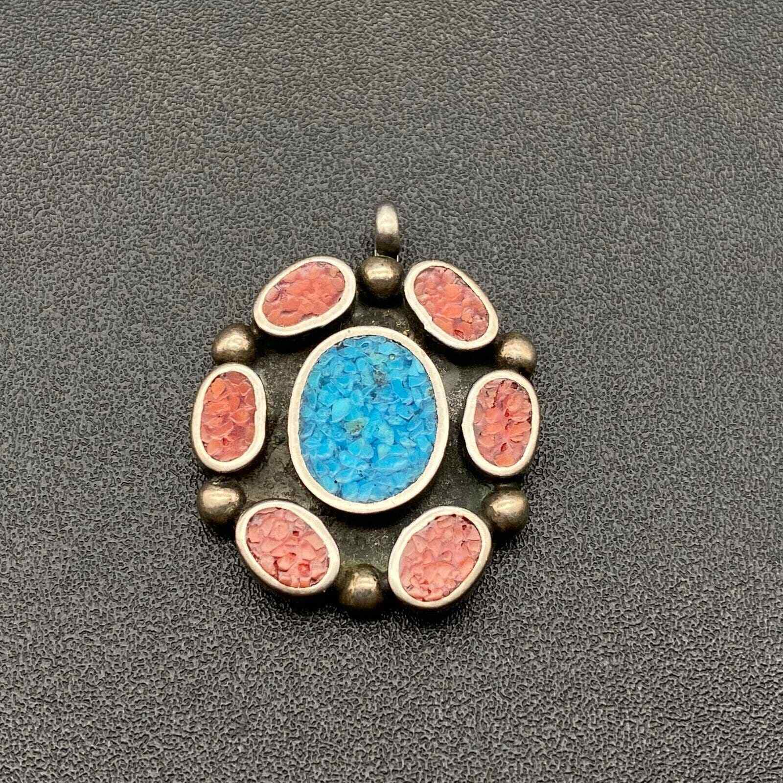 Vintage Southwestern Turquoise Coral Inlay Silver… - image 8