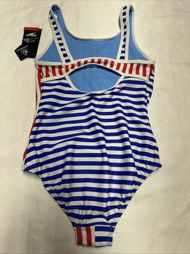 Speedo Girls' Striped Blocked One Piece Swimsuit Red White Blue Size 8 - Picture 2 of 5