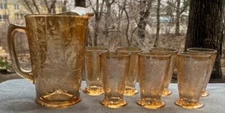 7 Pc Jeannette Glass Iridescent Floragold /Louisa Water Set Pitcher & 6 Tumblers
