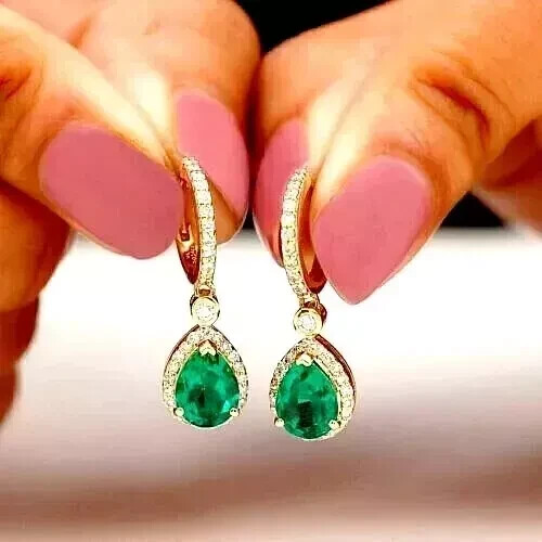 4Ct Pear Cut Simulated Green Emerald Drop Dangle Earrings in 14k Yellow Gold
