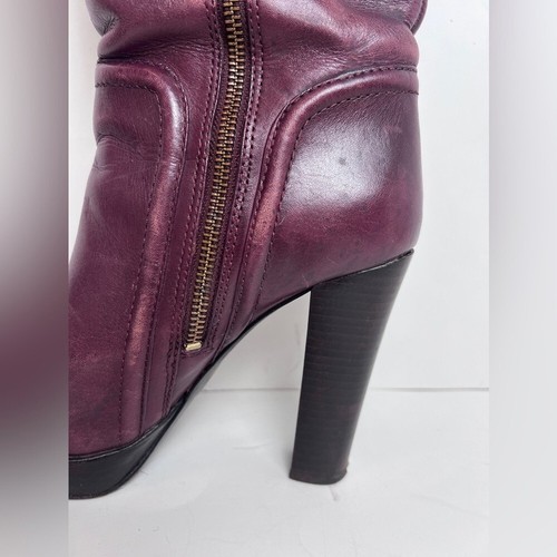 Tory Burch wine/eggplant leather gold logo platform heeled knee high boots 8 - Picture 3 of 10