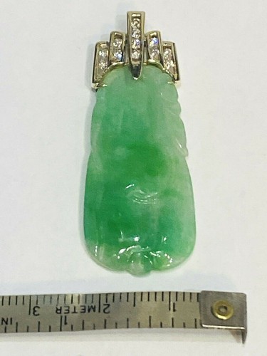Colgante vintage de oro macizo de 14K tipo A de jade y diamantes - Imagen 6 de 11