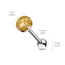 Golden Glitter Tongue Bar * Sparkly 7mm Dome Top * 14G (1.6mm) 16mm Bar