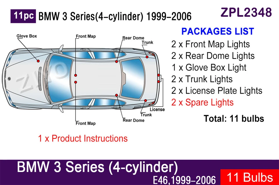Обновленные светодиодные лампы для салона BMW 3 серии E46 (4-цилиндровые) 11 шт. - Изображение 2 из 4