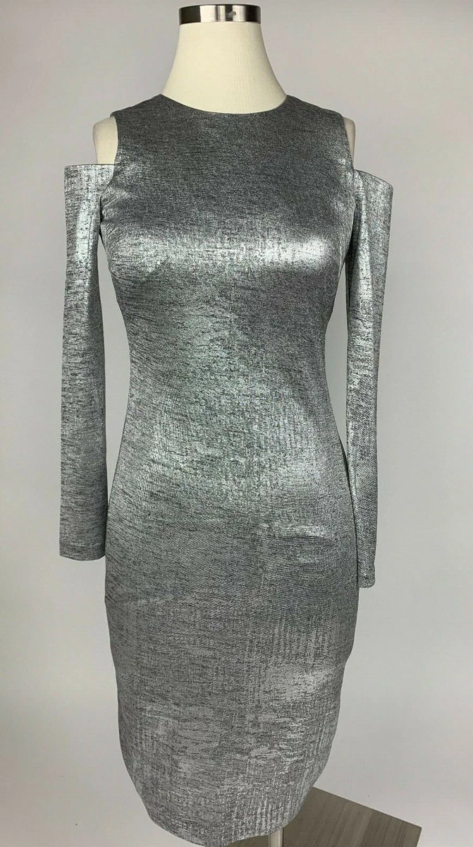 Calvin Klein Silver Shiny Foil Metallic Cold Shoulder Sheath Dress