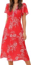 ROYLAMP Women's Red Floral Button Up Deep V Short Bell Sleeve Split Dress Size L