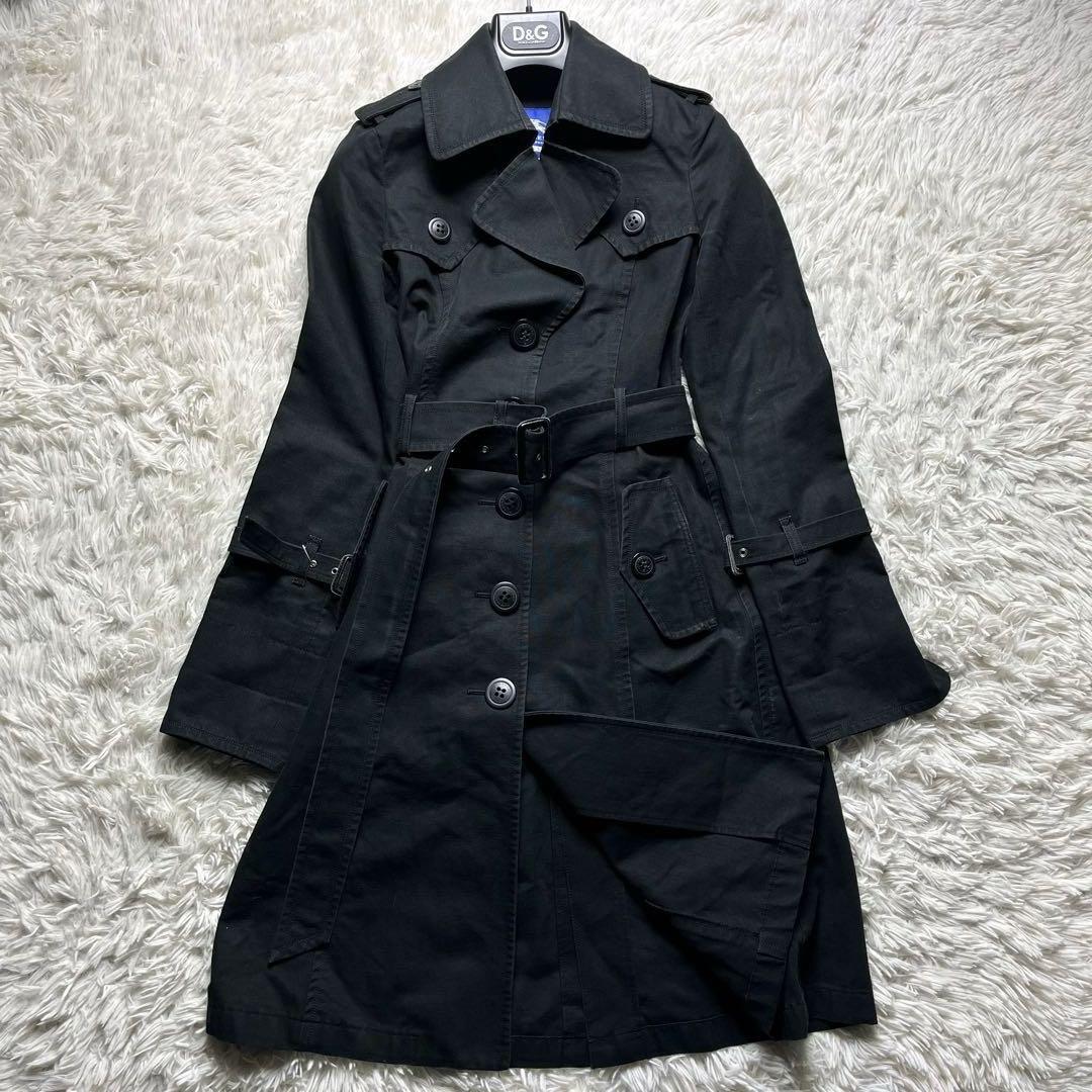 Burberry Blue Label Black Trench Coat M Cotton Leather Belted Long Coat