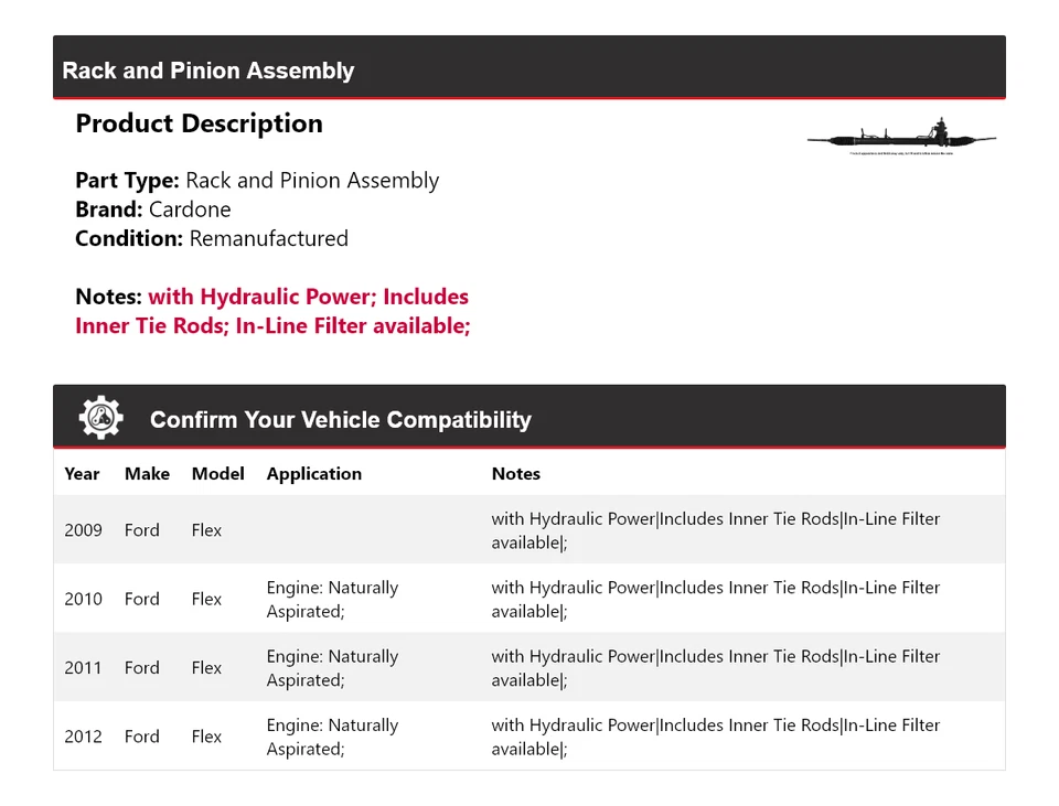 Conjunto de piñón y cremallera Ford Flex 2009-2012 Cardone 2010 2011 Foto 2 de 4