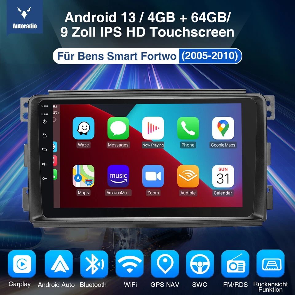 64G Android 13 Auto CarPlay Autoradio GPS RDS Kamera Für Smart Fortwo 451 05-10 - Bild 2 von 4