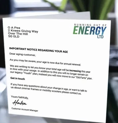 BUTTERFLIES GIFTS AND CARDS Funny Age Increase Card – Energy Bill Birthday Card for Dad, Mum, Men, Women