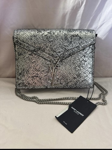 Authentic Saint Laurent YSL Metallic Envelope Chain Wallet Bag Silver Black