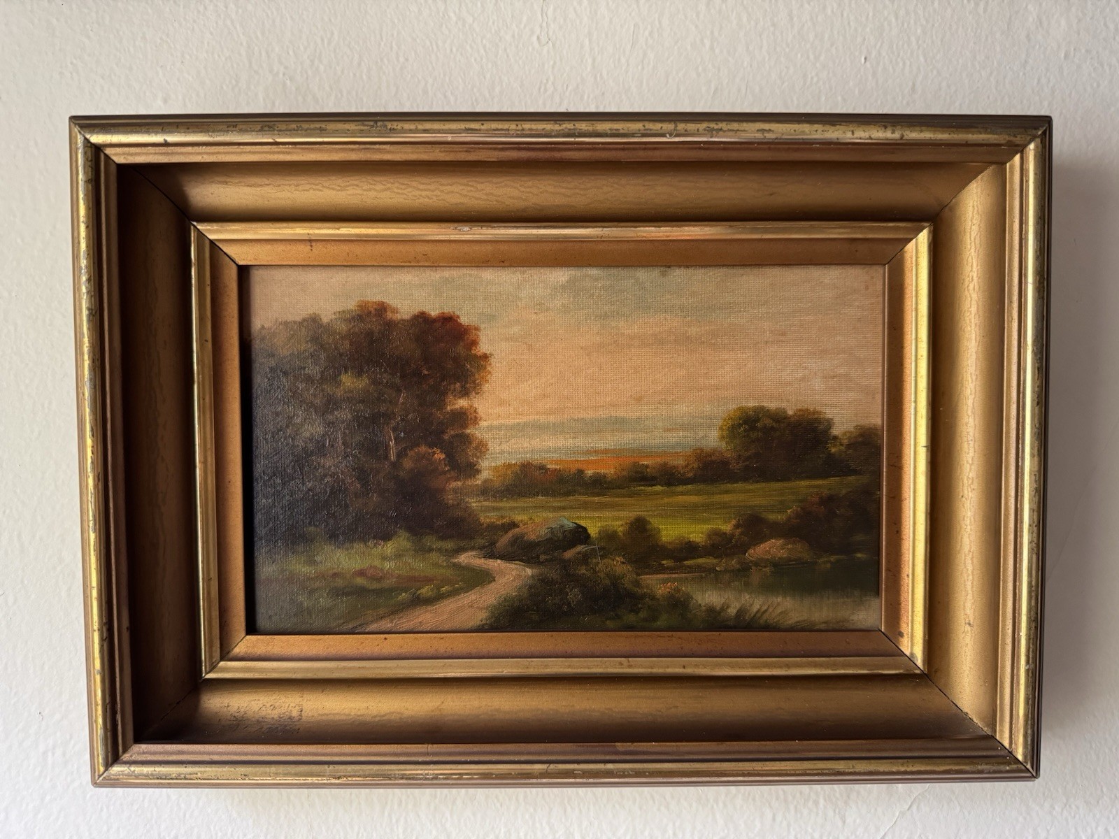 Antique Pastoral Landscape Oil Painting Sunset Old 1950s Impressionist Signed