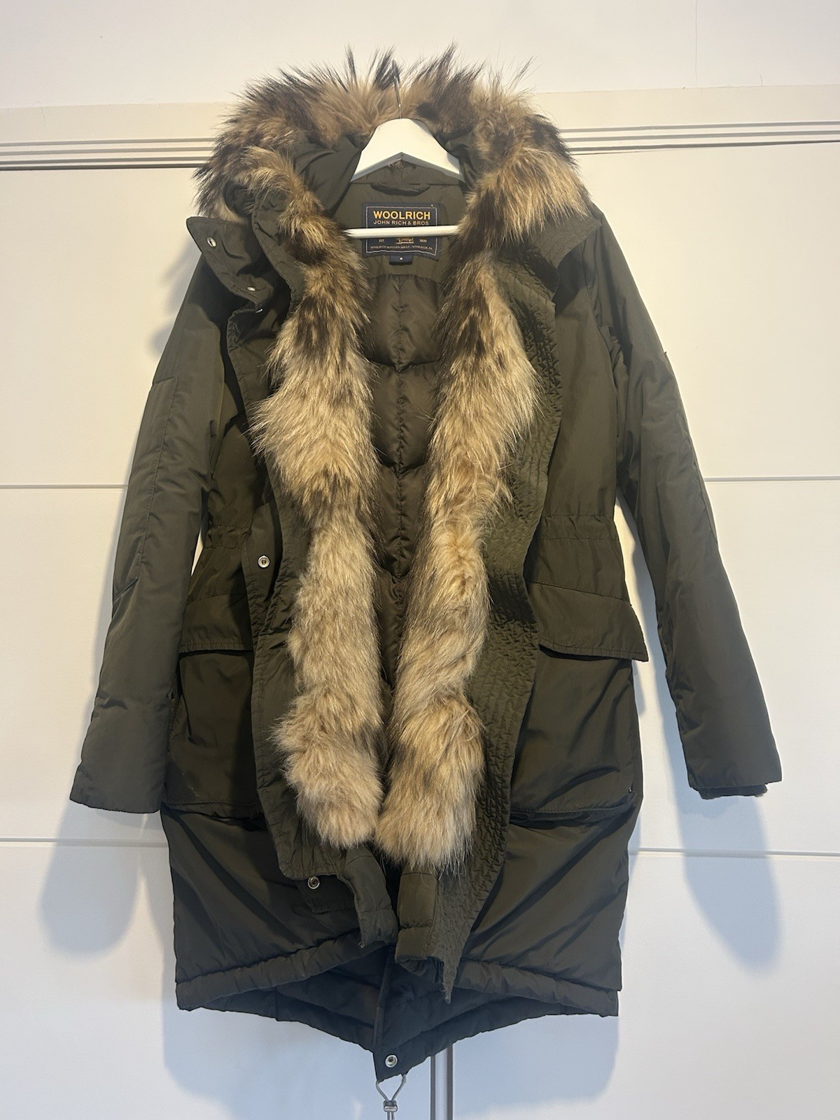 Woolrich Women's Fur Parka - Size S Khaki Green Hooded Coat