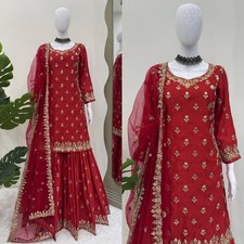 New Designer Chinnon Silk Kurta Palazzo With Dupatta For Wedding  Party Wear
