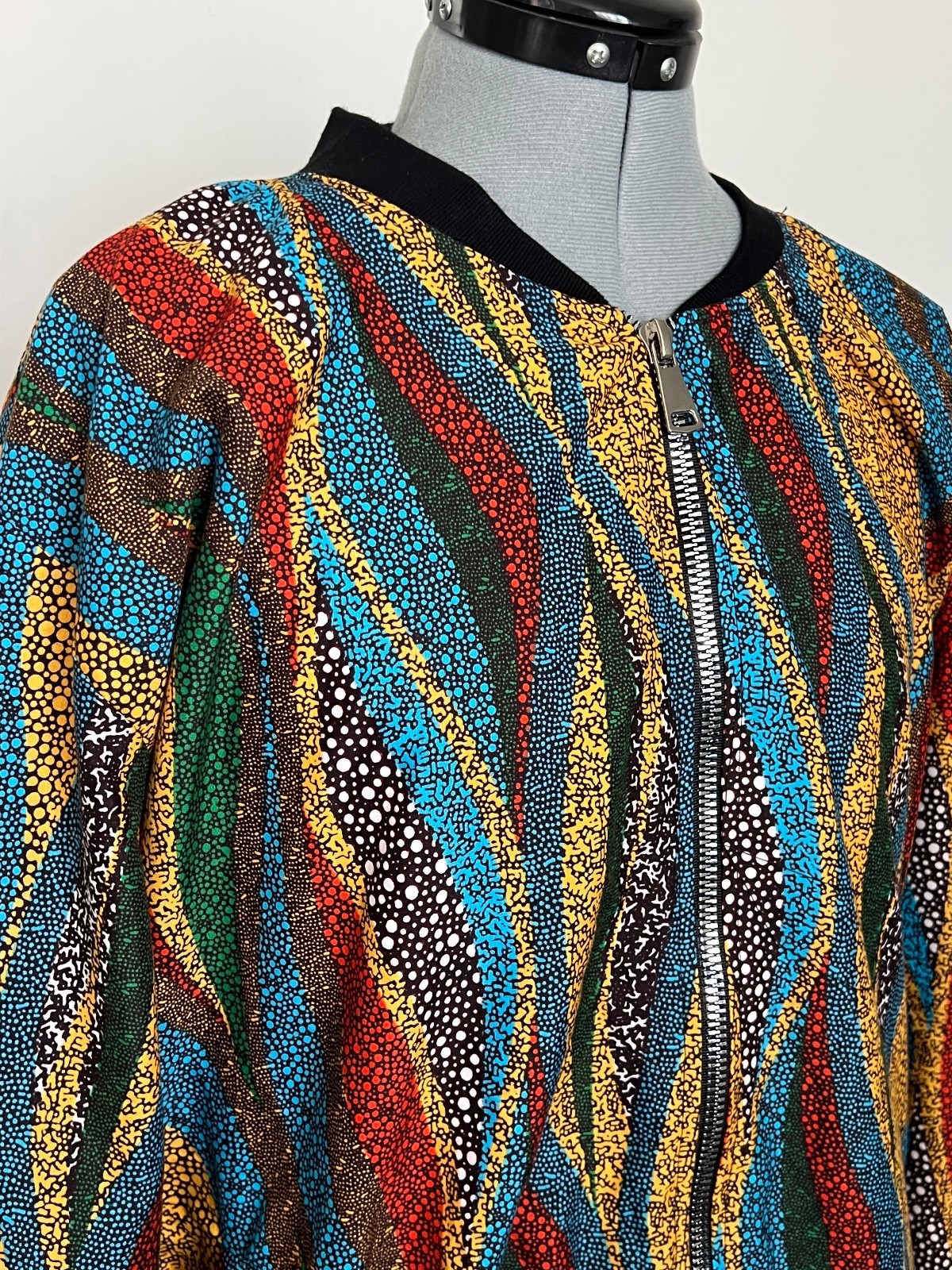 Multicolor Bomber Jacket Zip Abstract Pattern Afr… - image 2