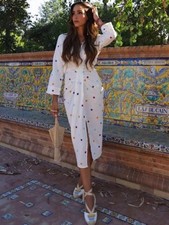 ZARA WOMAN COTTON DRESS WITH TASSELS AND EMBROIDERY OYSTER WHITE 6895/247 Siz XS