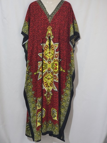 NF KAFTAN MAXI DRESS MUU MUU RED BLACK YELLOW FREE SIZE CINCH CORD EUC - Picture 2 of 7