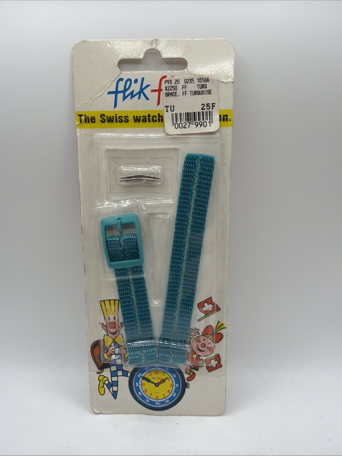Bracelet Flik Flak turquoise emballage bleu pour un cadeau d'anniversaire