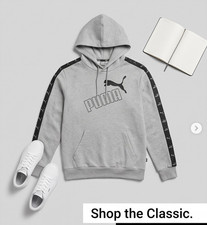 PUMA Women's Gray Pullover Fleece Hoodie Logo Tape Sleeves Pockets Size M