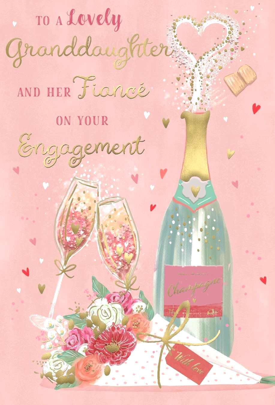 Engagement Card Granddaughter Congratulations 9"" Card Gold foiling, pages inside