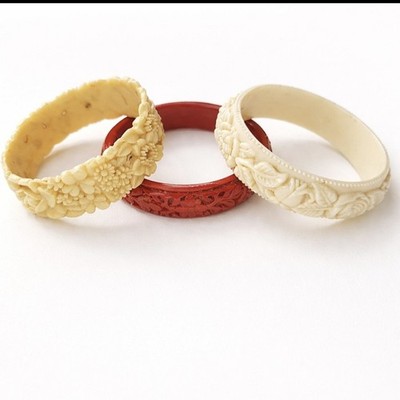 Vintage Armbänder Konvolut Handgemachte Geschnitzter Rote Zinnober Blumen