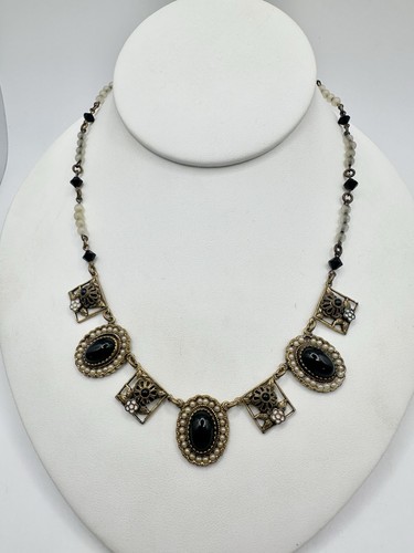 Antico vetro nero perla semi tono oro vintage? Pietre Filigrana Riparazione Tenuta Leggi - Foto 3 di 11