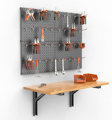 Heavy Duty Wall Mounted Folding Workbench with Pegboard Kit, Space-Saving Collap