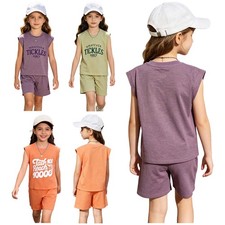 Girls Outfit Loose Fit Two Piece Solid Color Set Ensemble Shorts Athletic Top