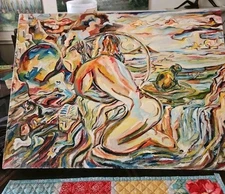 Original VTG 1984 Abstract Art Oil On Linen "The Hook" By Michael B.Stuart 