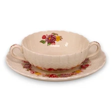 Copeland Spode Rose Briar Cream Bullion Soup Bowl Saucer Set England 1930's