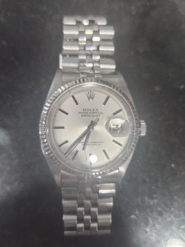 Rolex Datejust 1601 Silver Dial White Gold Fluted Bezel Vintage