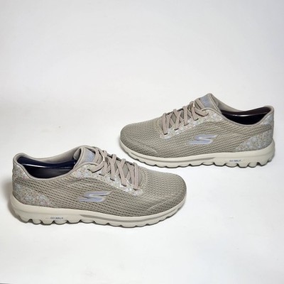 Skechers Go Walk Gray/Floral Slip-on Lace-Up Walking Shoes Women's