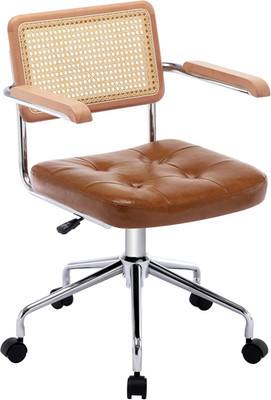 Stylish Leather Desk Chair with Rattan Back, Adjustable Swivel Armchair