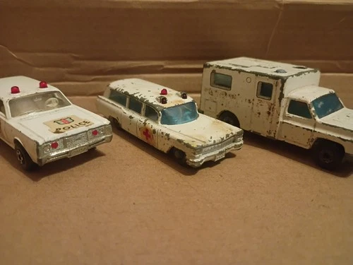 Matchbox Lesney Ambulance 41, Cadillac 54, Mercury Police Car 55