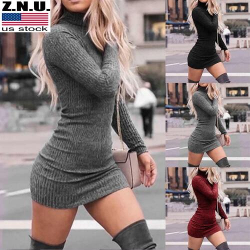 Womens Knitted Bodycon Mini Dress Ladies Long Sleeve Party Jumper Sweater Dress
