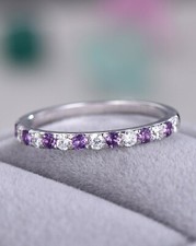 Amethyst CZ Band Sterling Silver Stackable Half Eternity Band Wedding Band