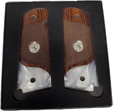 1911 Rosewood Checkered Full Size Grips Pearl Accent with Silver Colt Medallions