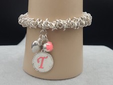 Women s Stretchy Bracelet Silver Tone / Pink Initial / Letter T