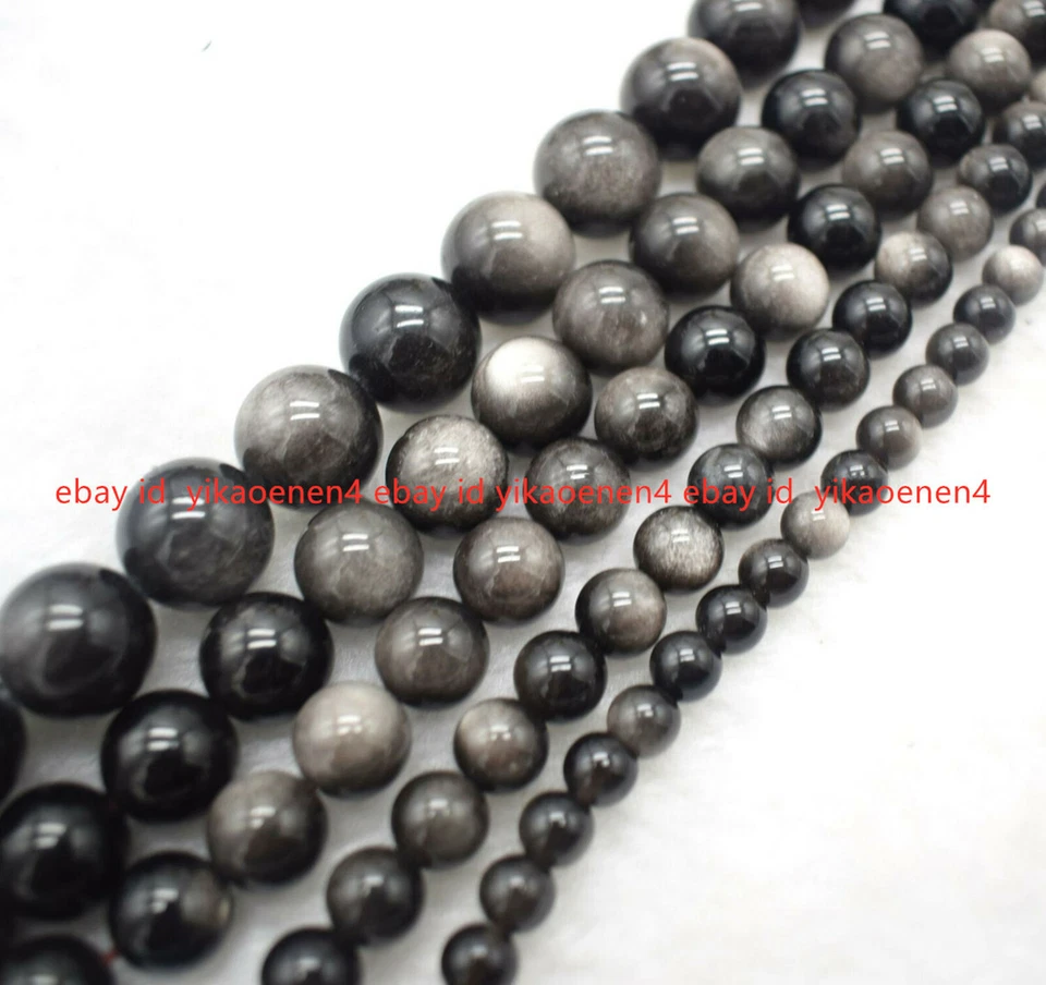 Natural 6/8/10/12/14mm Silver Obsidian Round Gemstone Loose Beads 15'' - Image 2 of 4