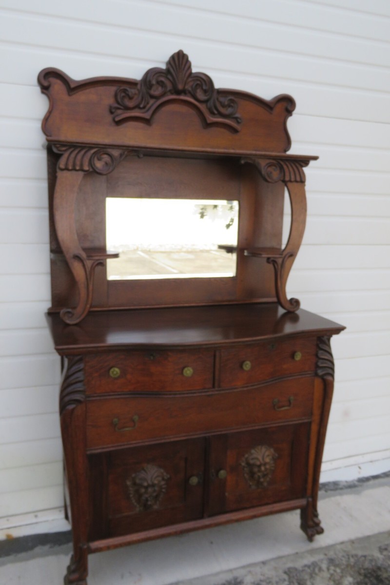 Early 1900s Victorian Carved Lion Heads Tiger Oak Server Buffet