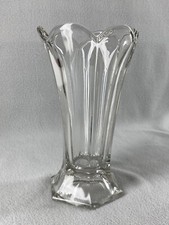 Vintage Glass Vase Clear Scalloped Rim 6 Sided Footed Thick Heavy 8.5" Tall