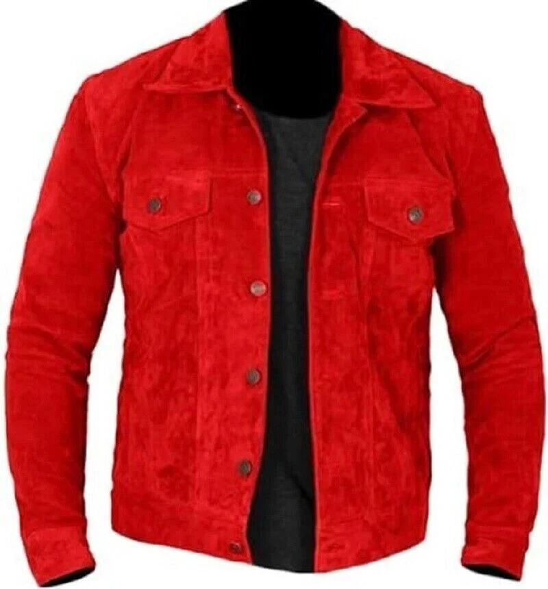 New Mens Genuine Suede Lambskin Leather Trucker Denim Red Jacket