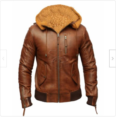 Mens Real Leather Hood Fur Jacket Bomber Aviator Tan Brown Retro
