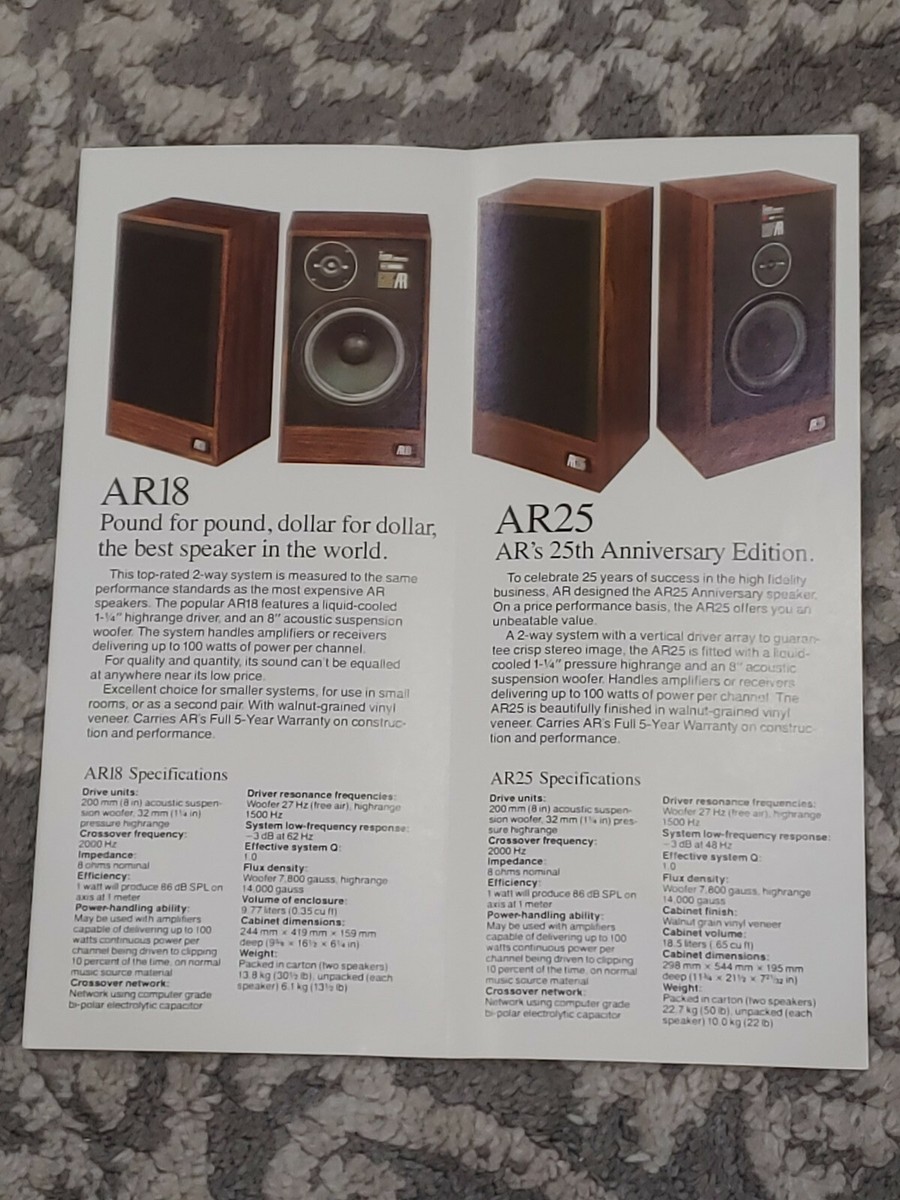 MINT ORIGINAL VINTAGE ACOUSTIC RESEARCH AR18 AR25 DEALER BROCHURE