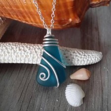 Handmade in Hawaii, wire wrapped teal blue sea glass necklace, gift for her,