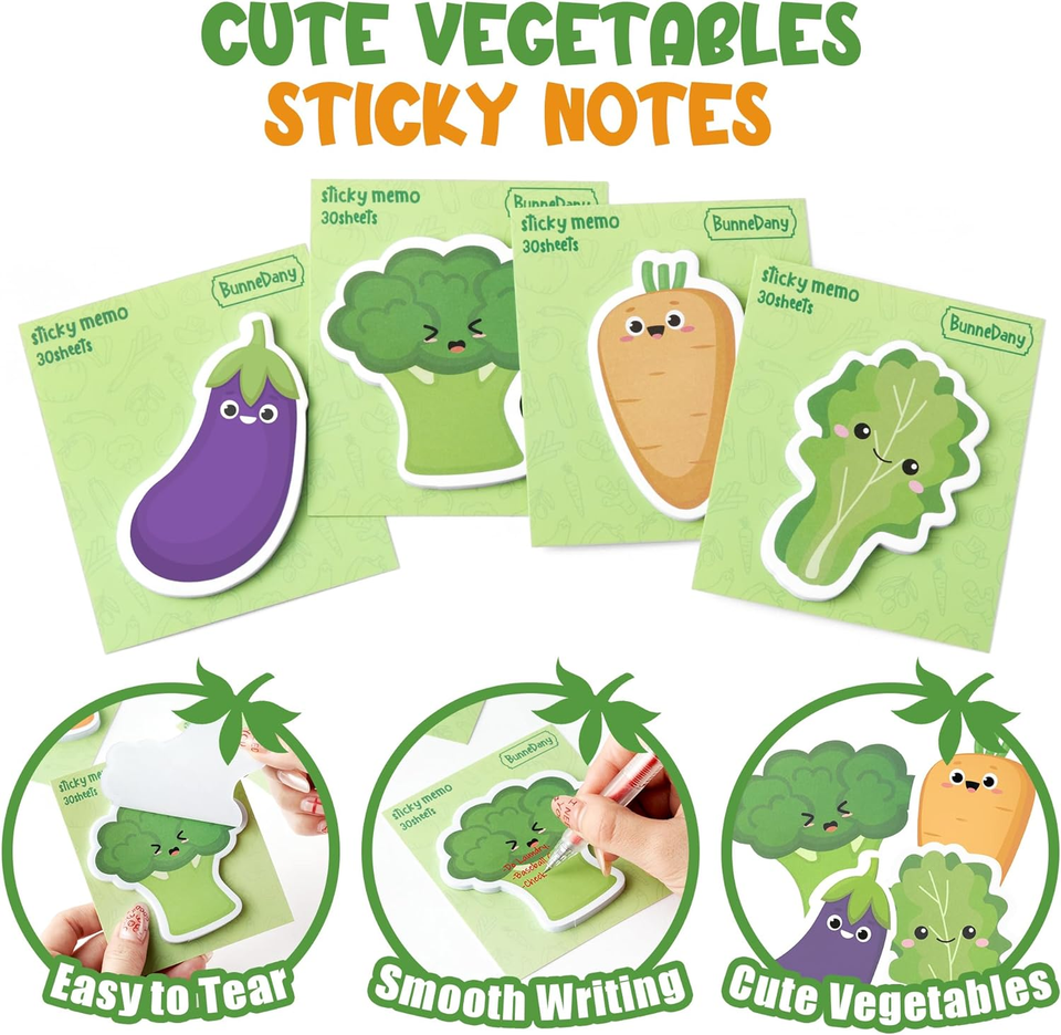 Set of 12 Novelty Vegetables Sticky Notes Funny Kawaii Food SelfStick