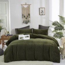 Houseri Velvet Olive Green Duvet Covet King Fluffy Army Green Bedding Flannel...